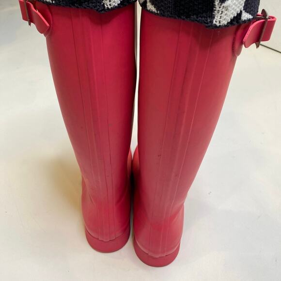Hunter Boots Pink Waterproof Wellingtons Black & White Knit Cuff EUC Sz 6 - Picture 4 of 11
